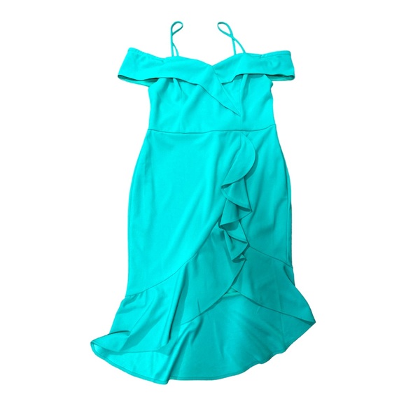 NWT Bebe Women's Cascade Ruffle Flounce AQUA Dress Size 12 - Picture 4 of 10